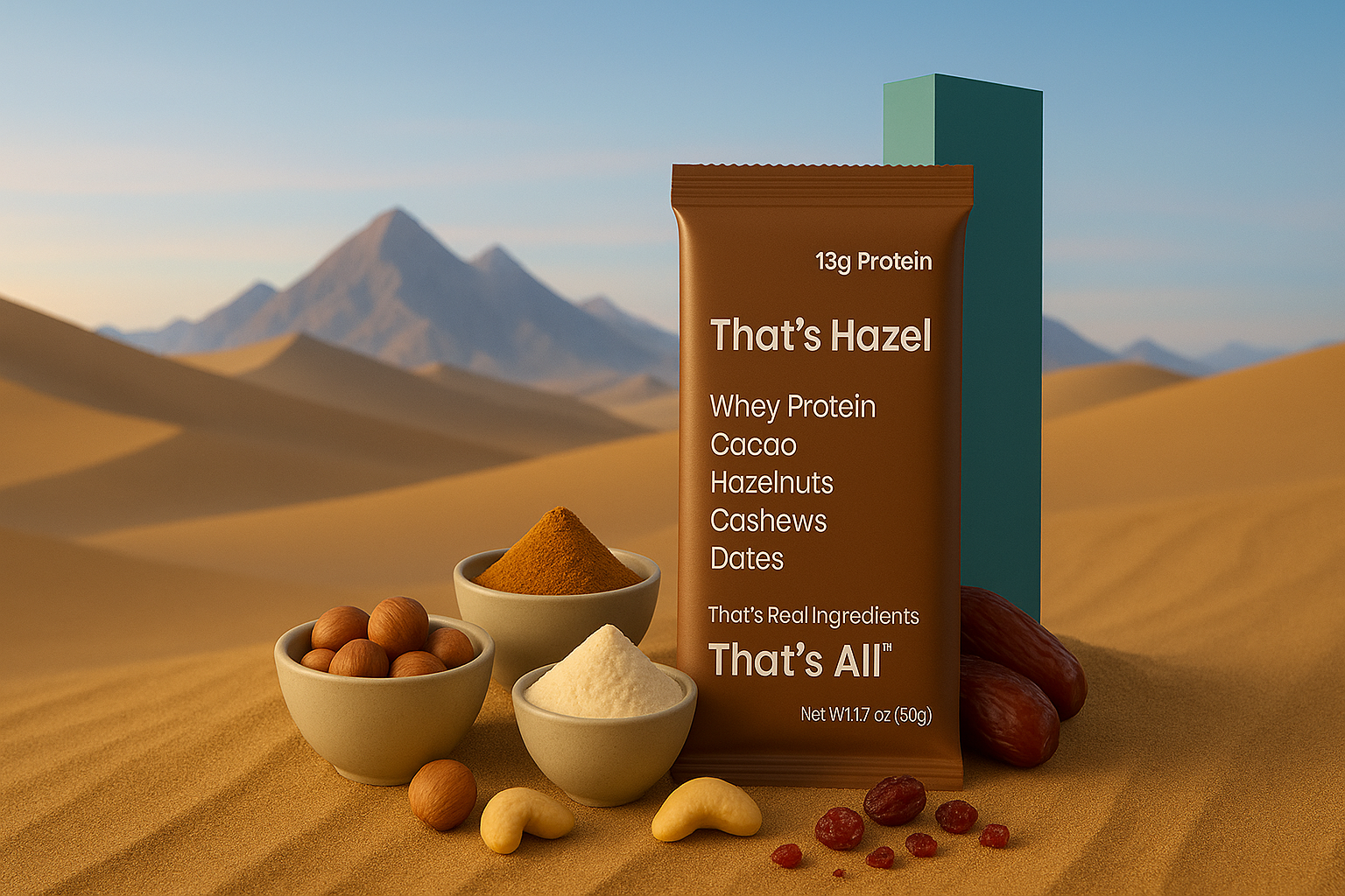  "That's Hazel" protein bar stands upright on golden desert sand, surrounded by small ceramic bowls filled with whey protein, hazelnuts, cacao powder, and dates .Clean-label high-protein snack bar made with real ingredients, with the brand tagline “That’s Real Ingredients — That’s All."